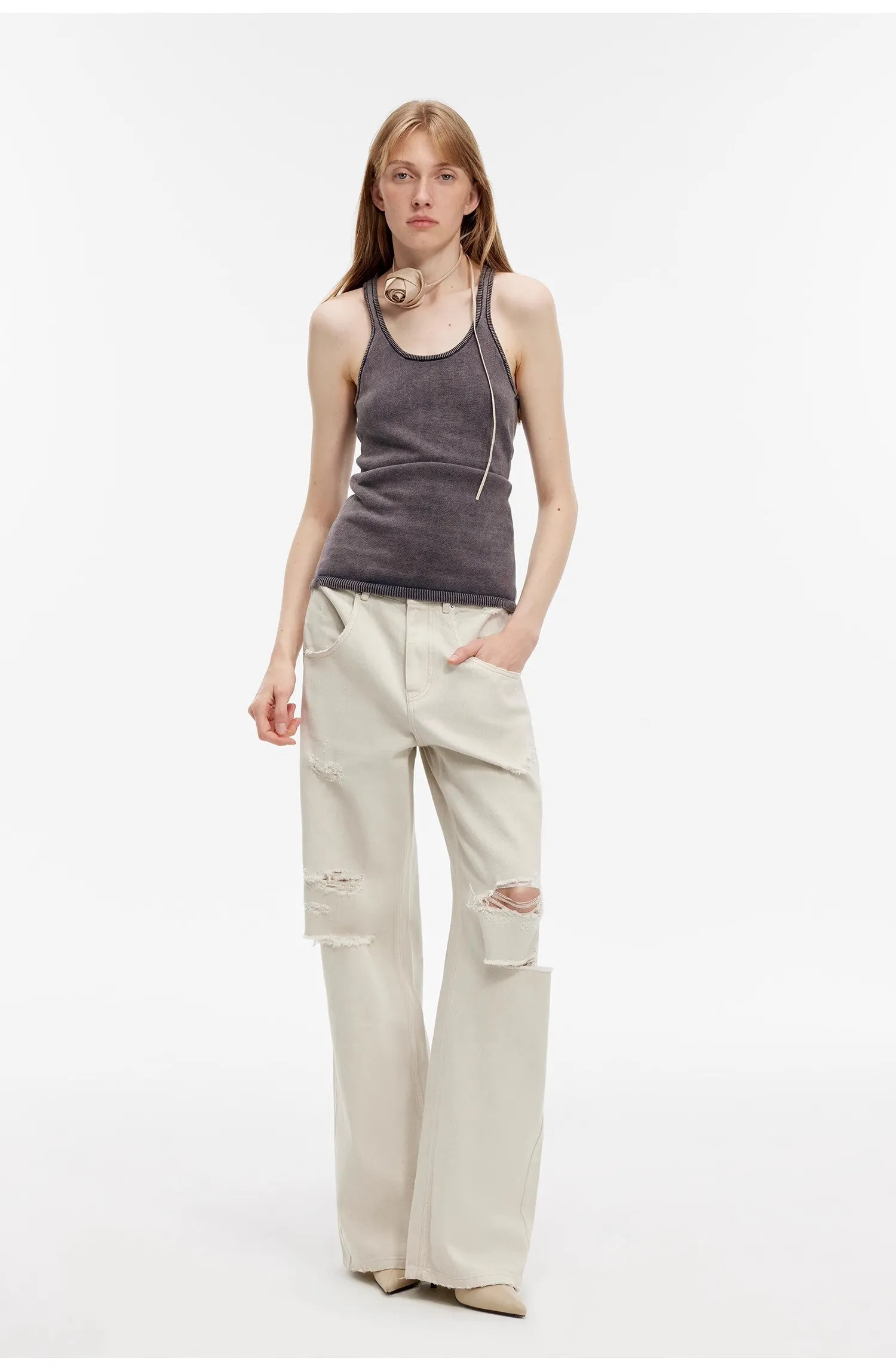 "Gray and Denim" stylish and personalized Turkish washed retro distressed holes straight flared jeans sold by Firelady Sheepskin