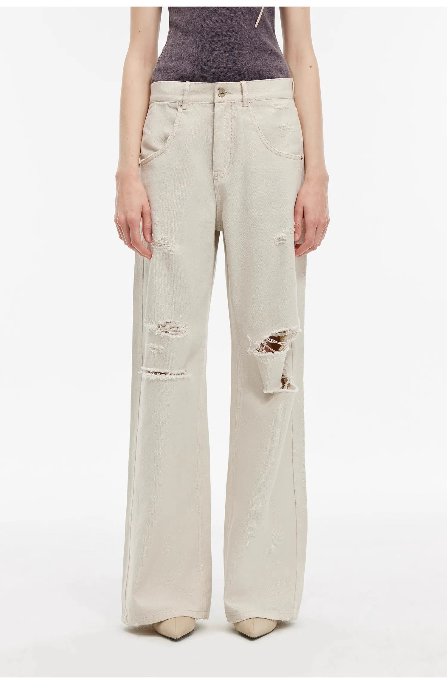 "Gray and Denim" stylish and personalized Turkish washed retro distressed holes straight flared jeans sold by Firelady Sheepskin product image thumbnail 2