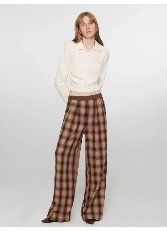 "Patchwork Street Corner" Dyed Retro Plaid Casual Pants for Women, Elastic Waist, Straight-Leg, Wide-Leg Long Trousers sold by Firelady Sheepskin
