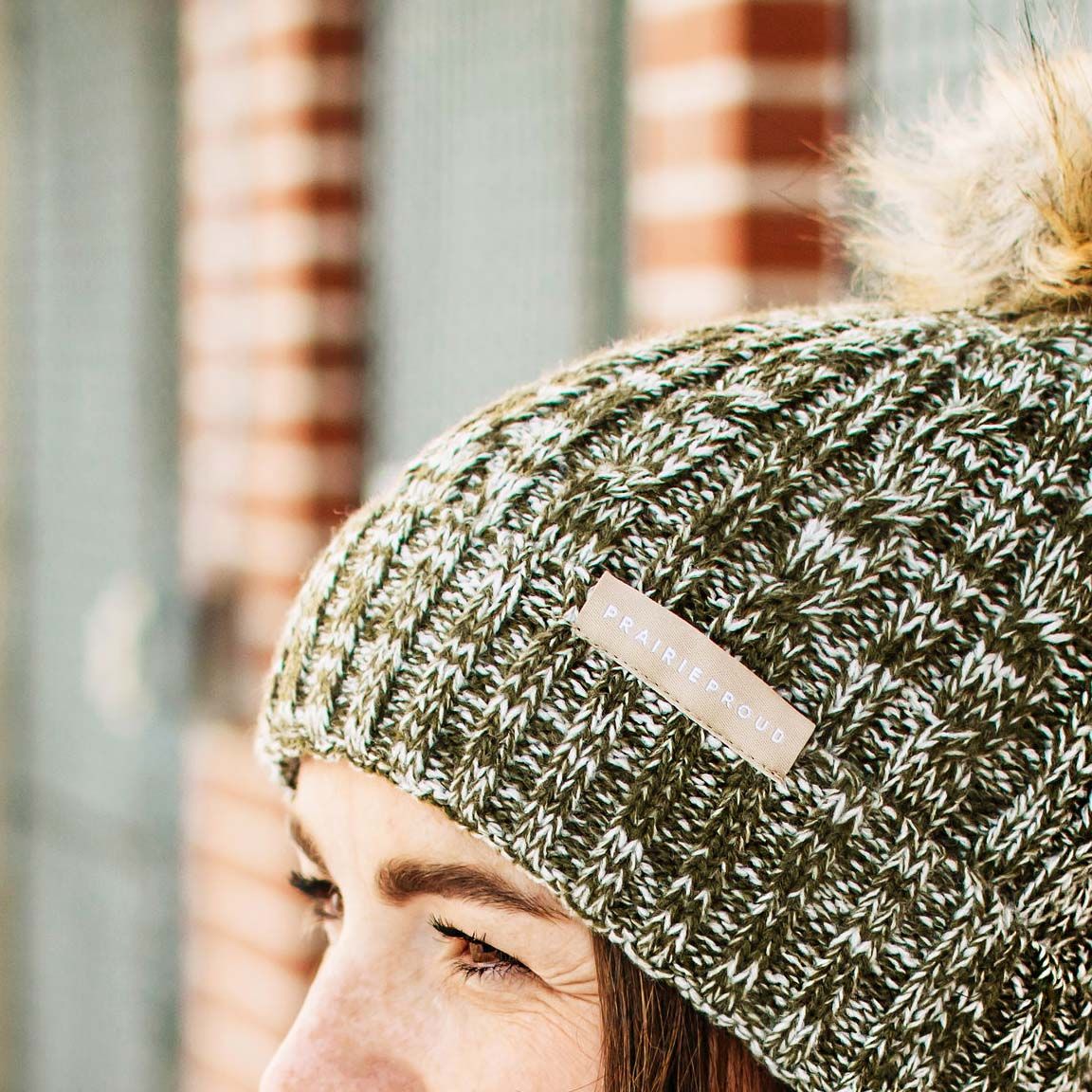 Unisex - Cable Knit w/ Pom - Heather Army / White sold by Prairie Proud product image thumbnail 2
