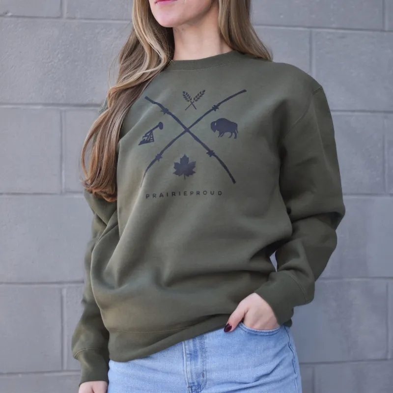 Unisex - Barb Wire Crew Sweater - Army sold by Prairie Proud