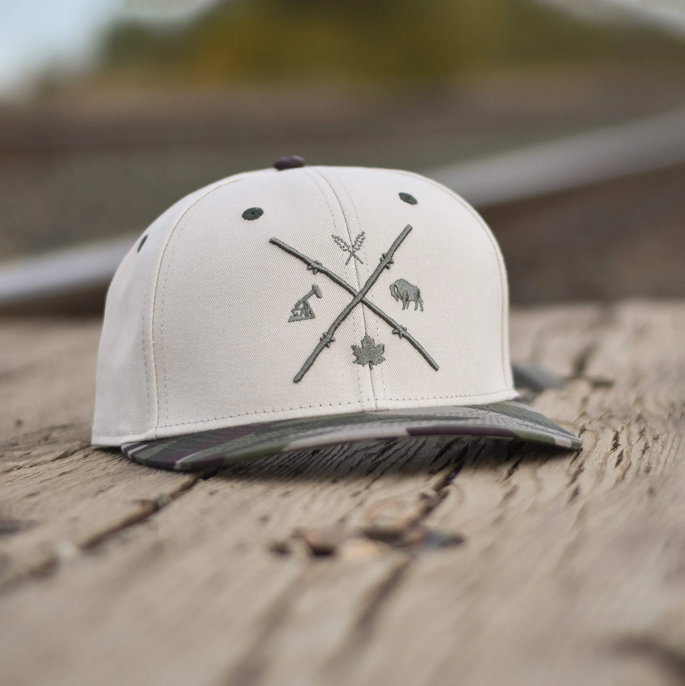 Unisex - Barb Wire Snapback - Camo / Cream sold by Prairie Proud