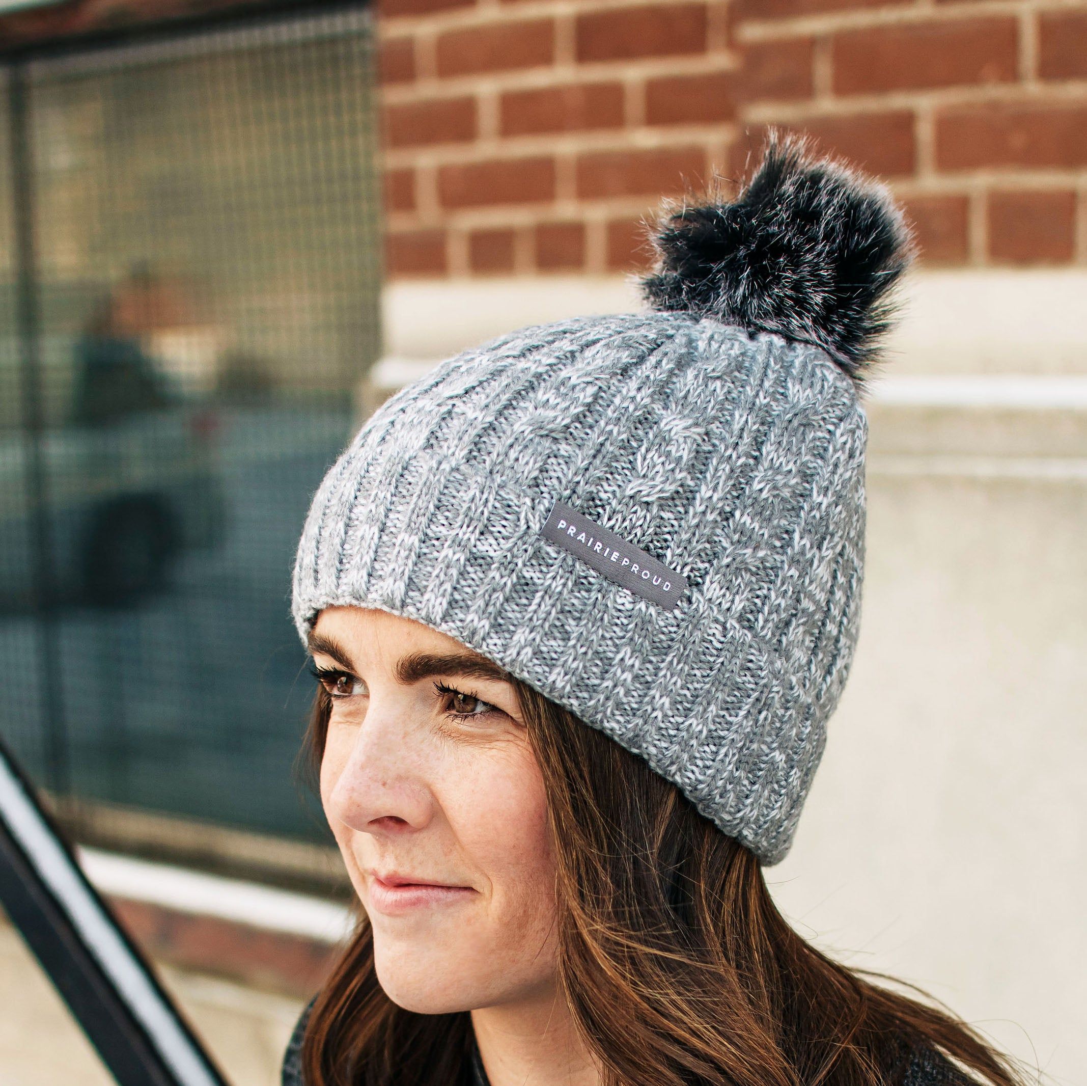 Unisex - Cable Knit w/ Pom - Heather Grey / Stone sold by Prairie Proud