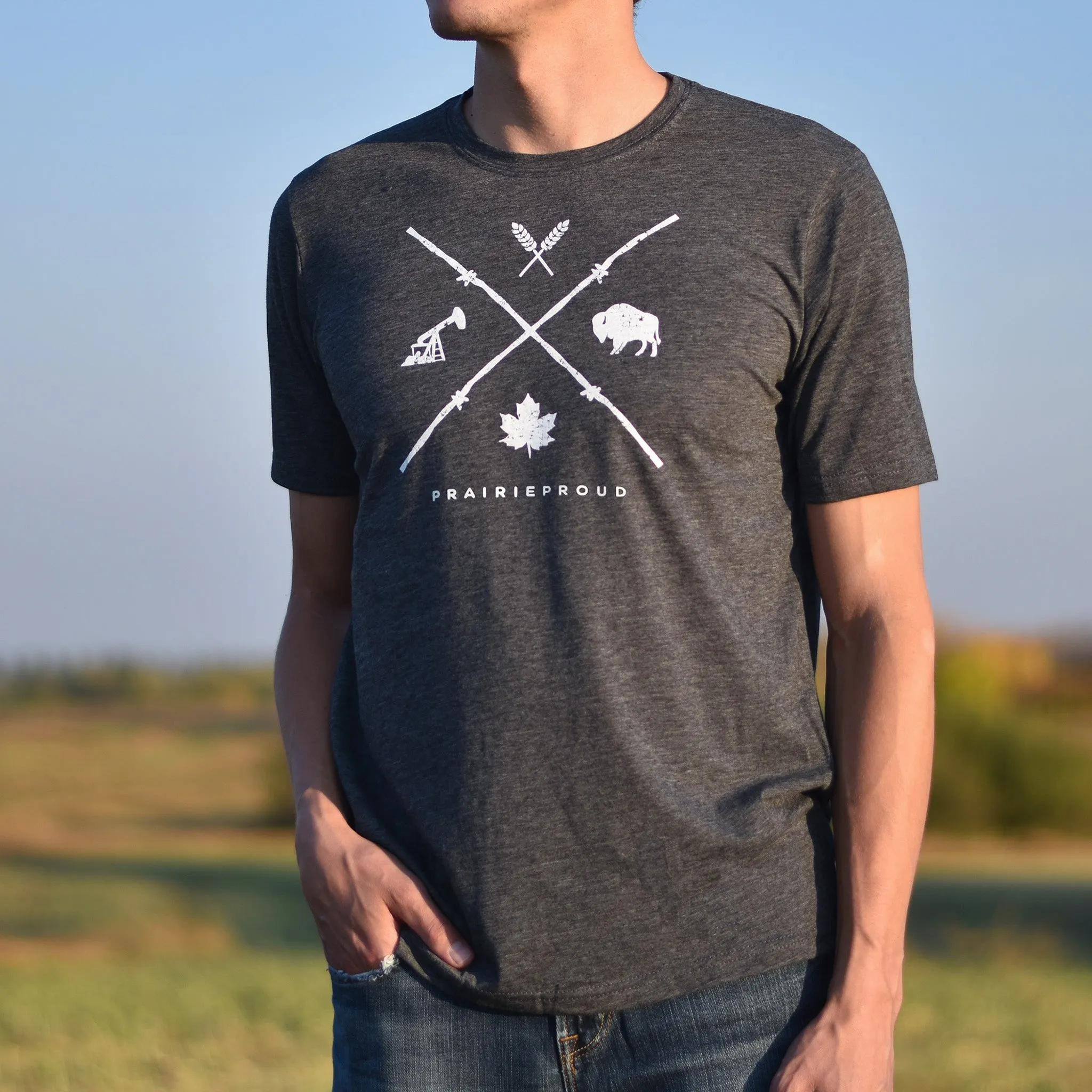 Unisex - Barb Wire Crew T - Heather Charcoal sold by Prairie Proud