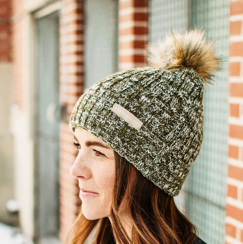 Unisex - Cable Knit w/ Pom - Heather Army / White sold by Prairie Proud