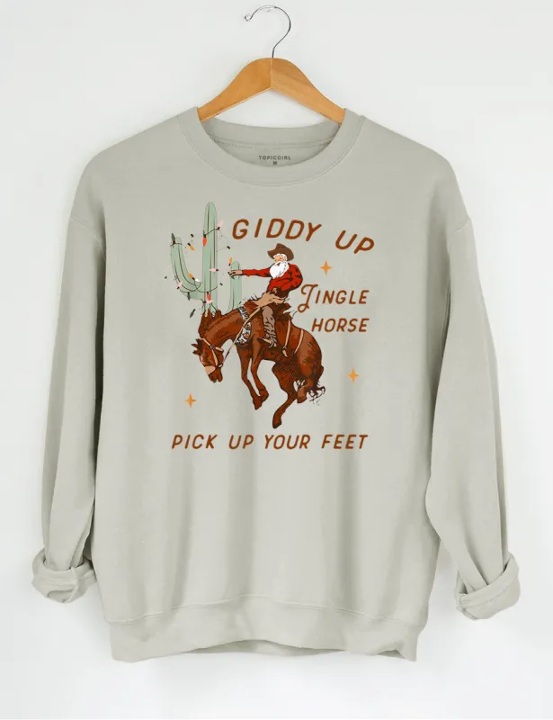 Giddy Up Jingle Horse Pick Up Your Feet Cowboy Santa Sweatshirt sold by Topic Girl