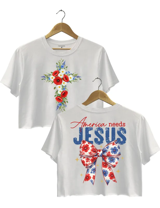 America Needs Jesus Christian Floral Cross Patriotic Coquetle Crop Top sold by Topic Girl