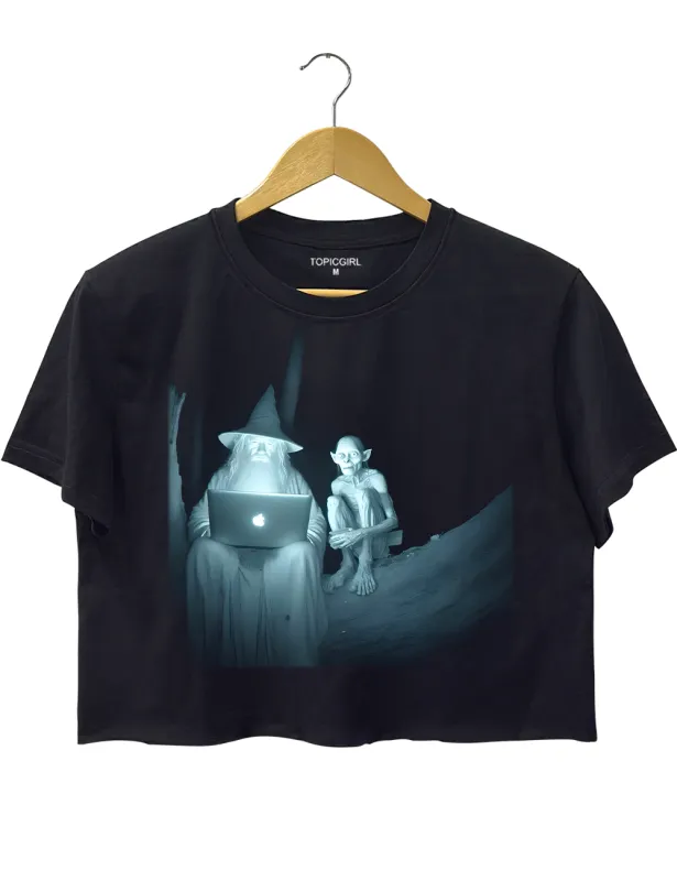 Gandalf And Gollum Using Laptop Crop Top sold by Topic Girl