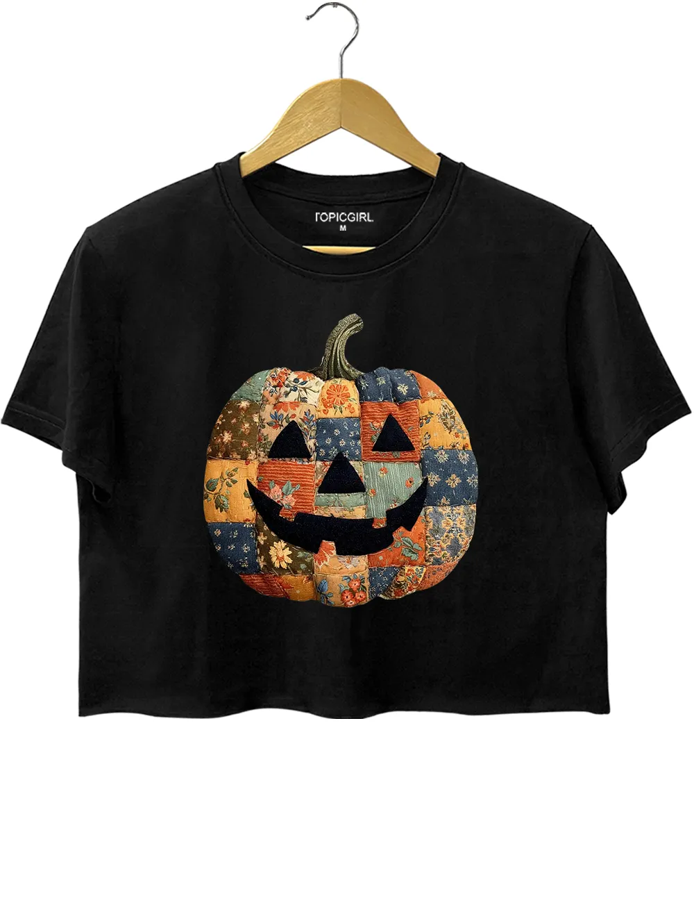 Retro Patchwork Halloween Pumpkin Crop Top sold by Topic Girl product image thumbnail 3