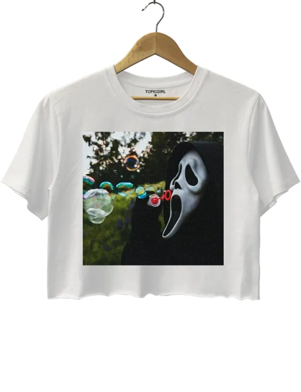 Ghost Face Blowing Bubbles Crop Top made by Topic Girl