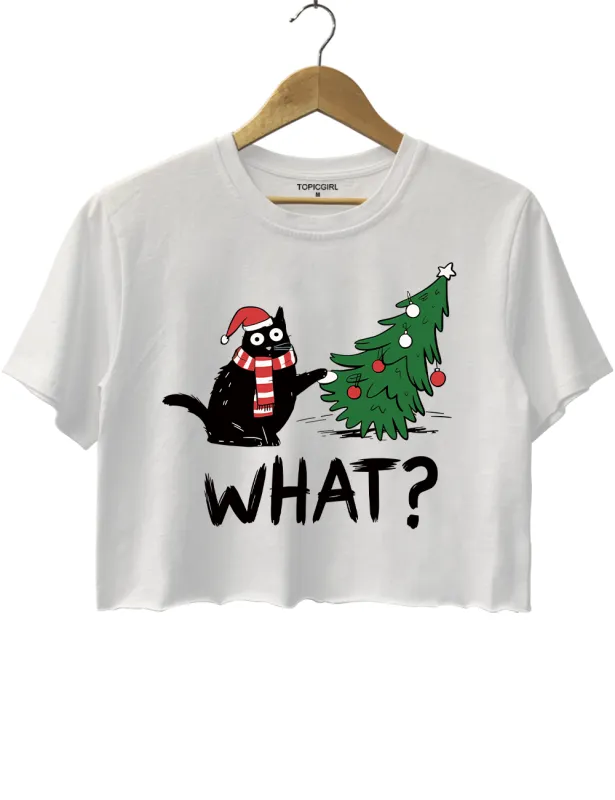 Funny Cat Christmas Tree Knocked Over Crop Top made by Topic Girl