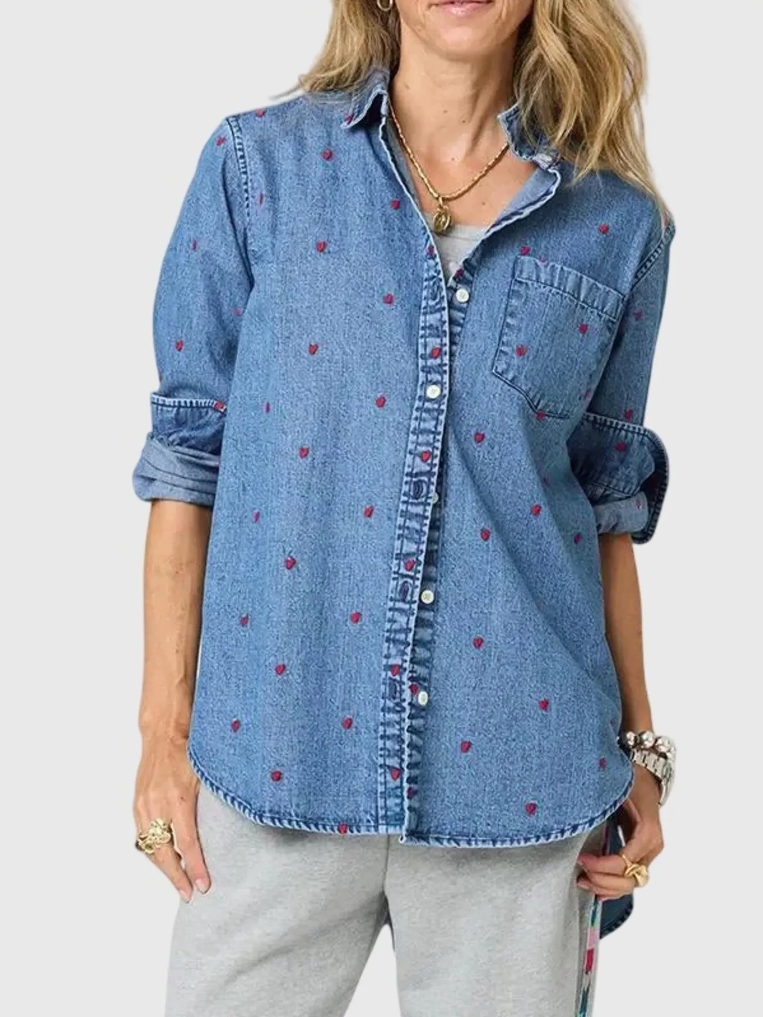 Kerri Rosenthal Women's Mia Tiny Hearts Denim Shirt sold by Saint Bernard