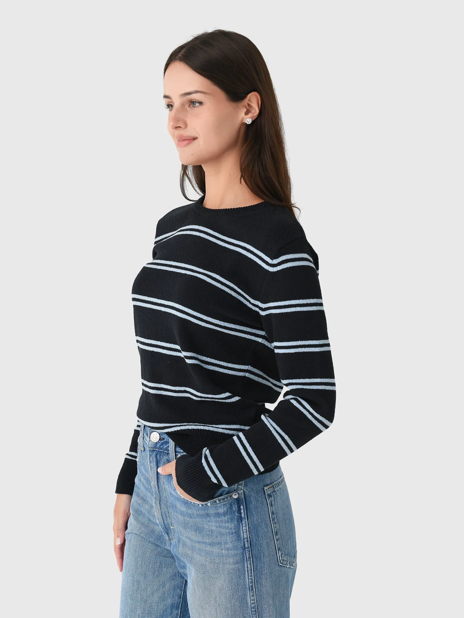 White + Warren Women's Fine Cotton Bouclé Striped Crewneck Sweater sold by Saint Bernard product image thumbnail 3