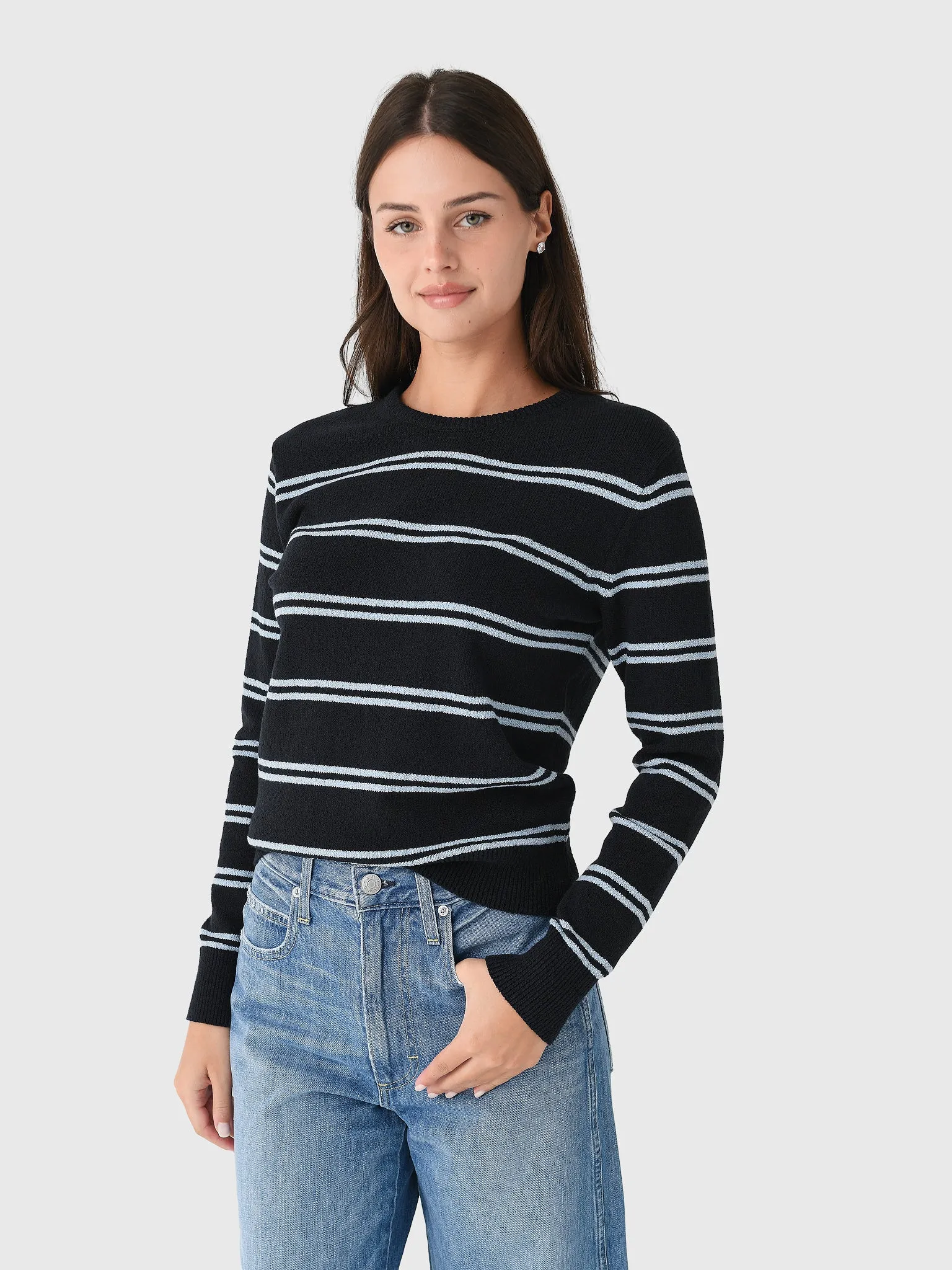 White + Warren Women's Fine Cotton Bouclé Striped Crewneck Sweater sold by Saint Bernard