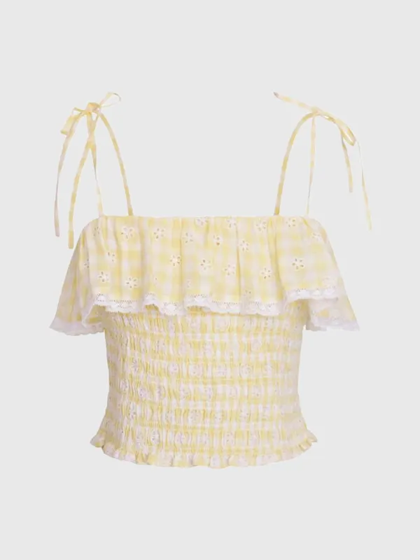 LoveShackFancy Women's Renada Gingham Eyelet Top sold by Saint Bernard