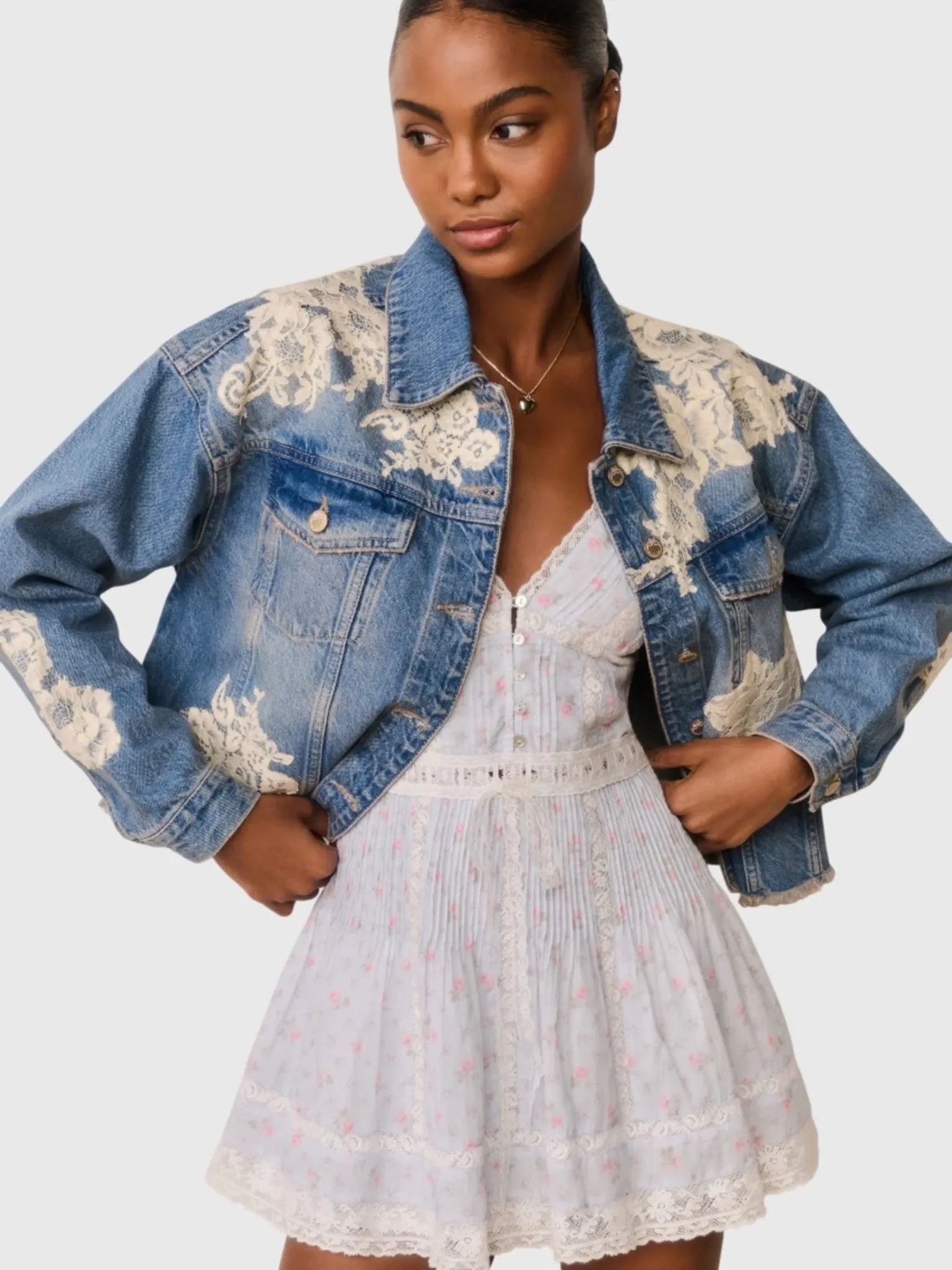 LoveShackFancy Women's Amana Lace Appliqué Denim Jacket sold by Saint Bernard
