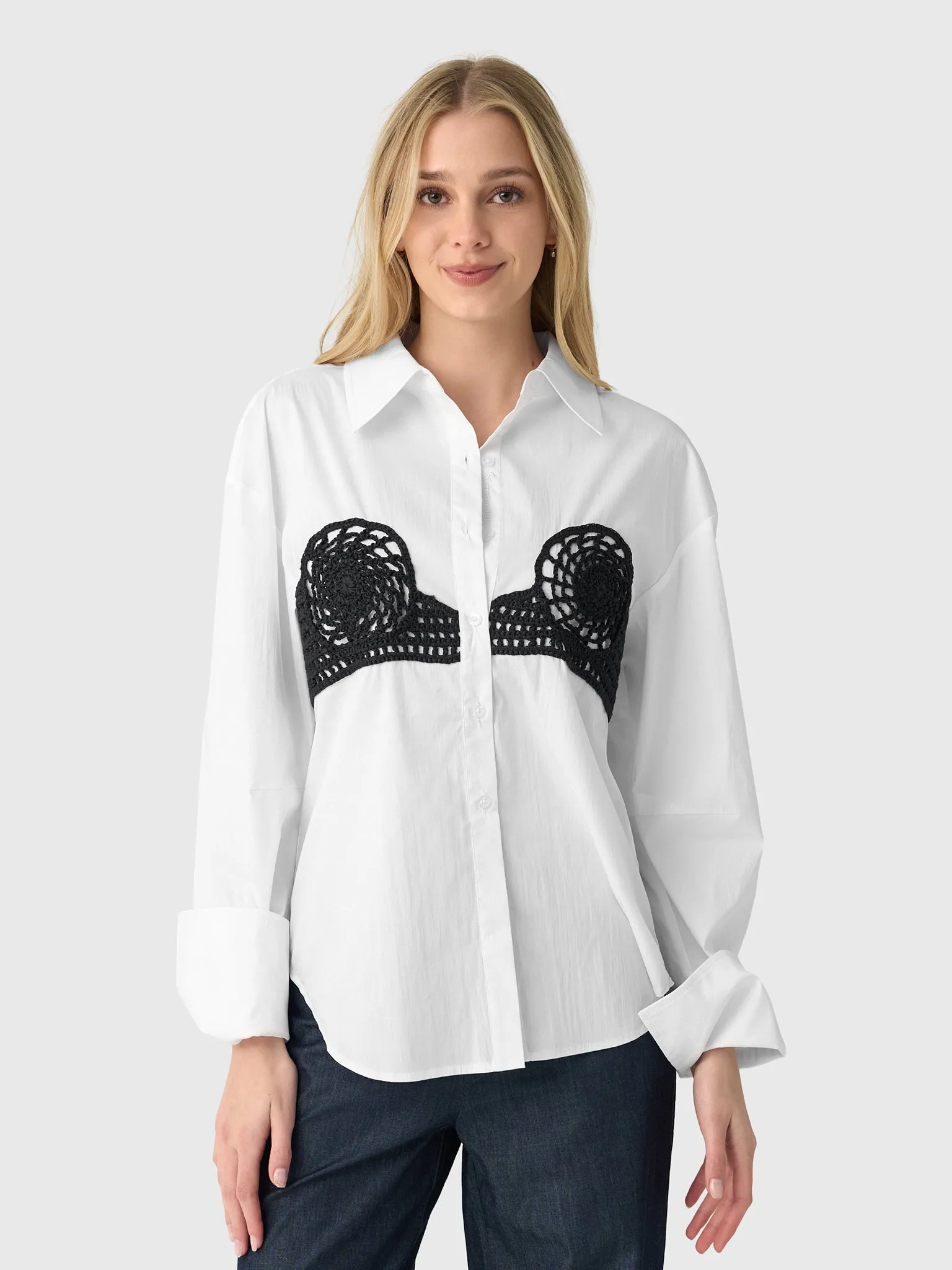 Simon Miller Women's Maren Poplin Crochet Button-Down Shirt sold by Saint Bernard