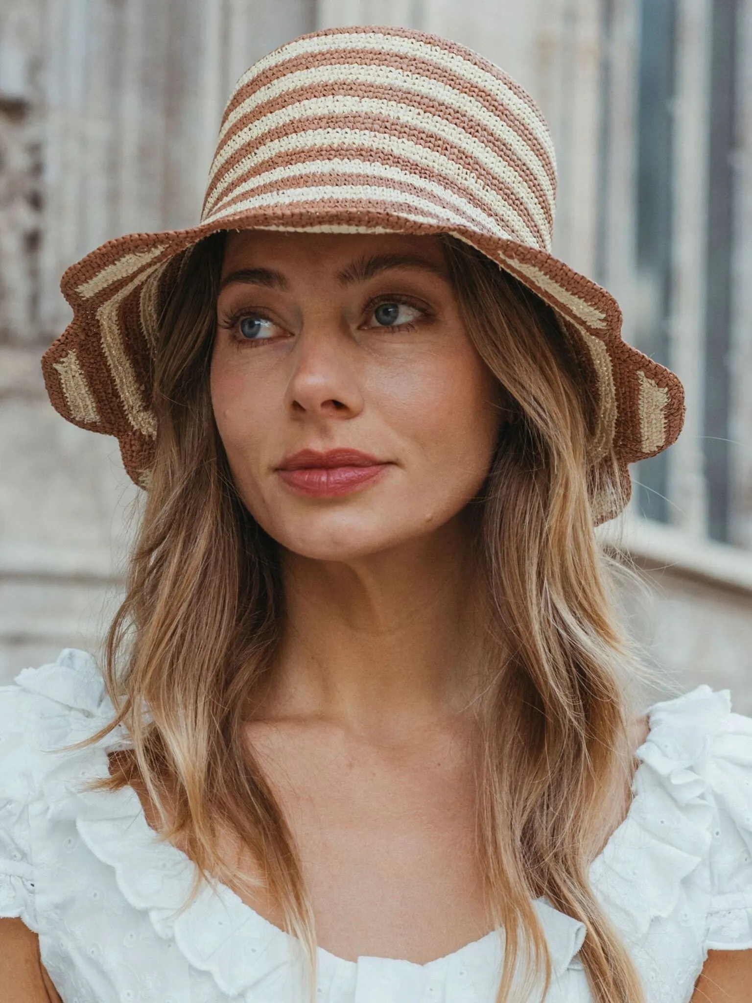 Freya Women's Striped Scallop Crochet Bucket Hat sold by Saint Bernard