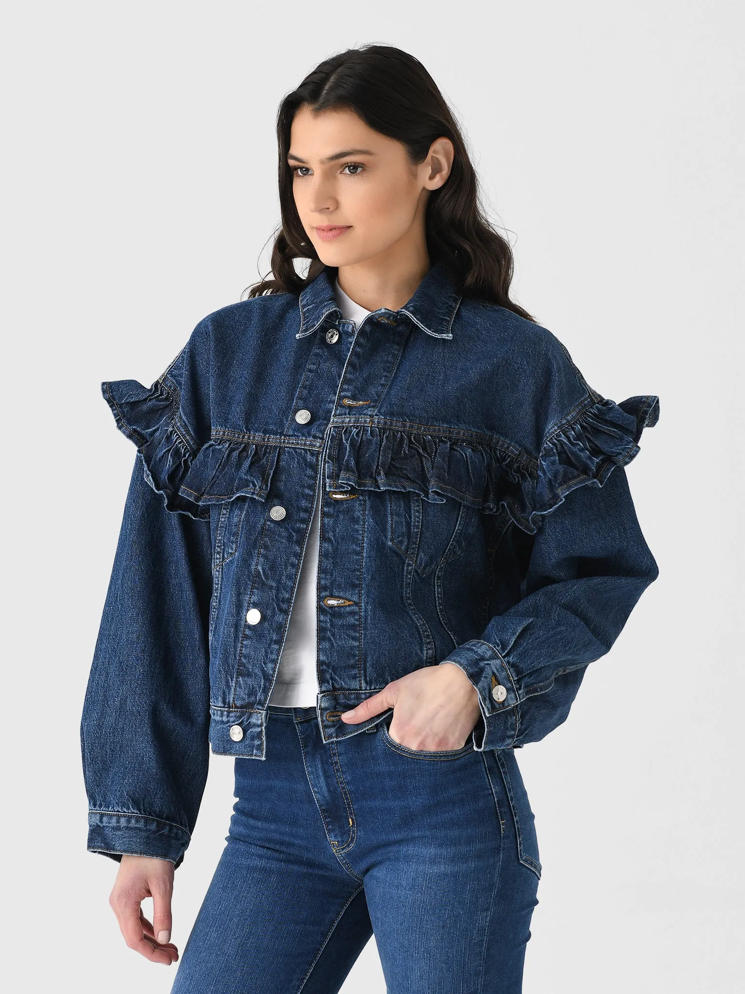 Frame Women's The Ruffle Denim Jacket sold by Saint Bernard product image thumbnail 4
