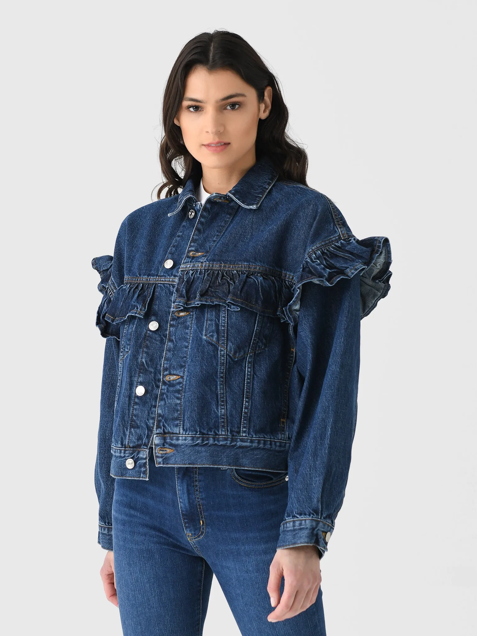 Frame Women's The Ruffle Denim Jacket sold by Saint Bernard