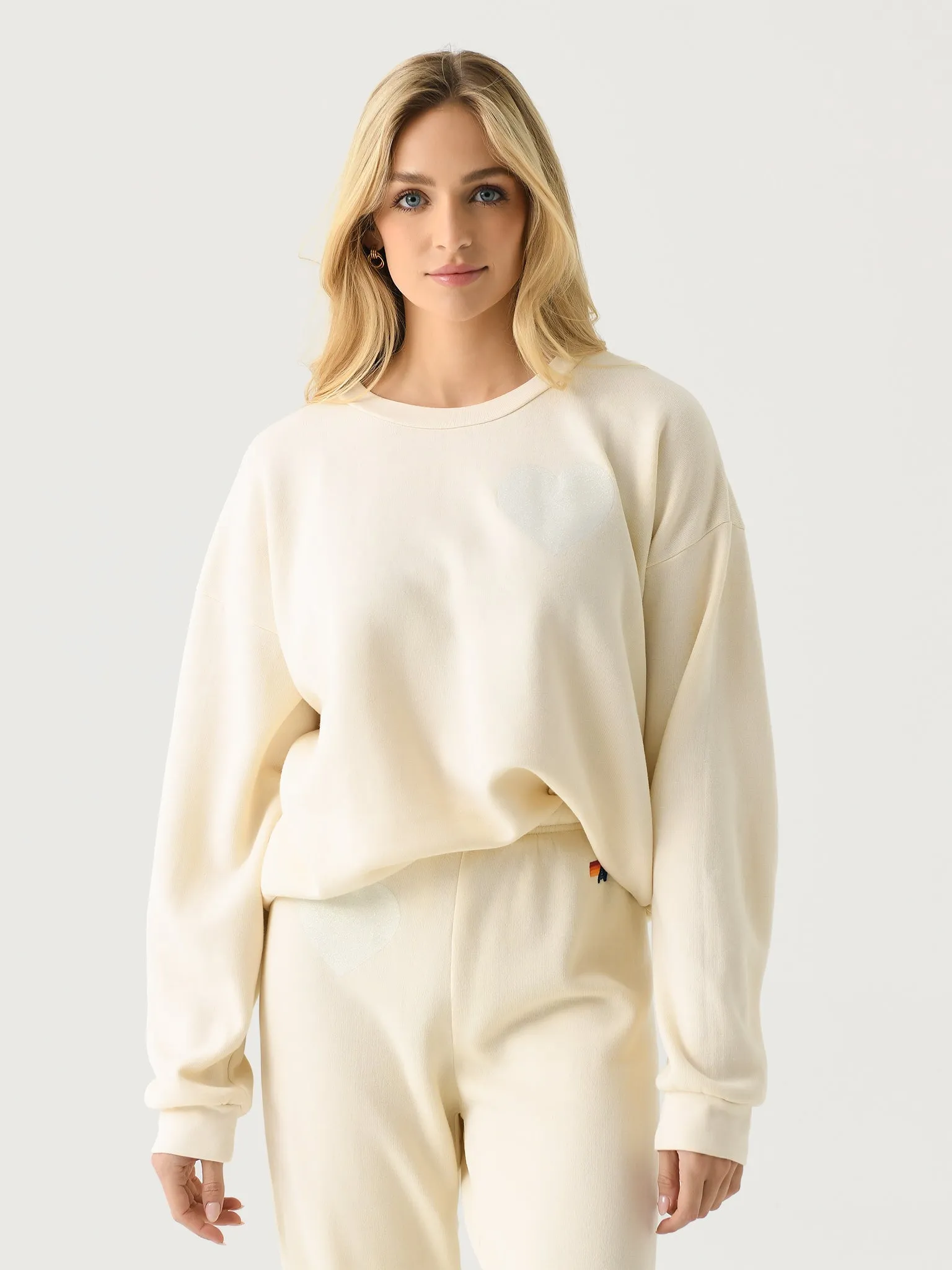 Aviator Nation Women's Glitter Heart Relaxed Crew Sweatshirt sold by Saint Bernard