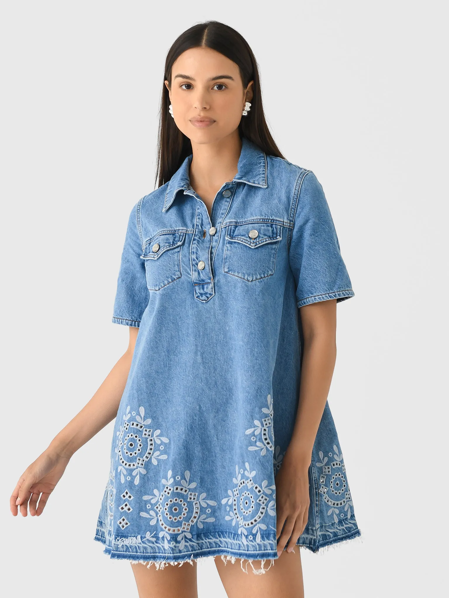 GANNI Women's Broderie Anglaise Denim Mini Dress sold by Saint Bernard