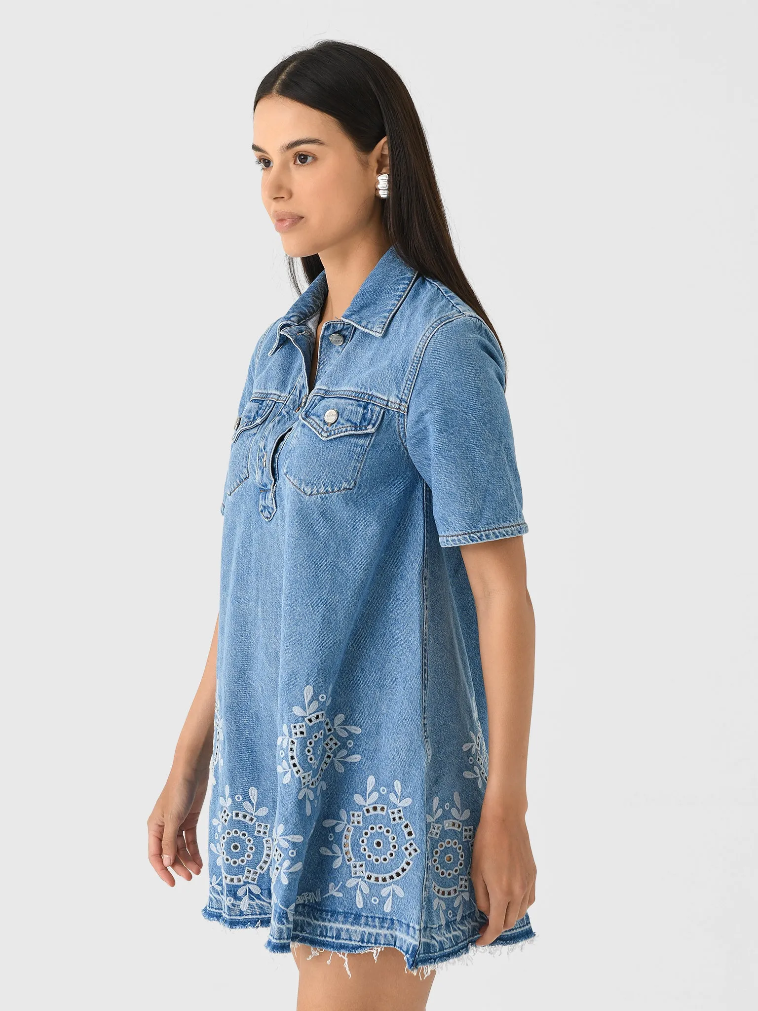 GANNI Women's Broderie Anglaise Denim Mini Dress sold by Saint Bernard product image thumbnail 3