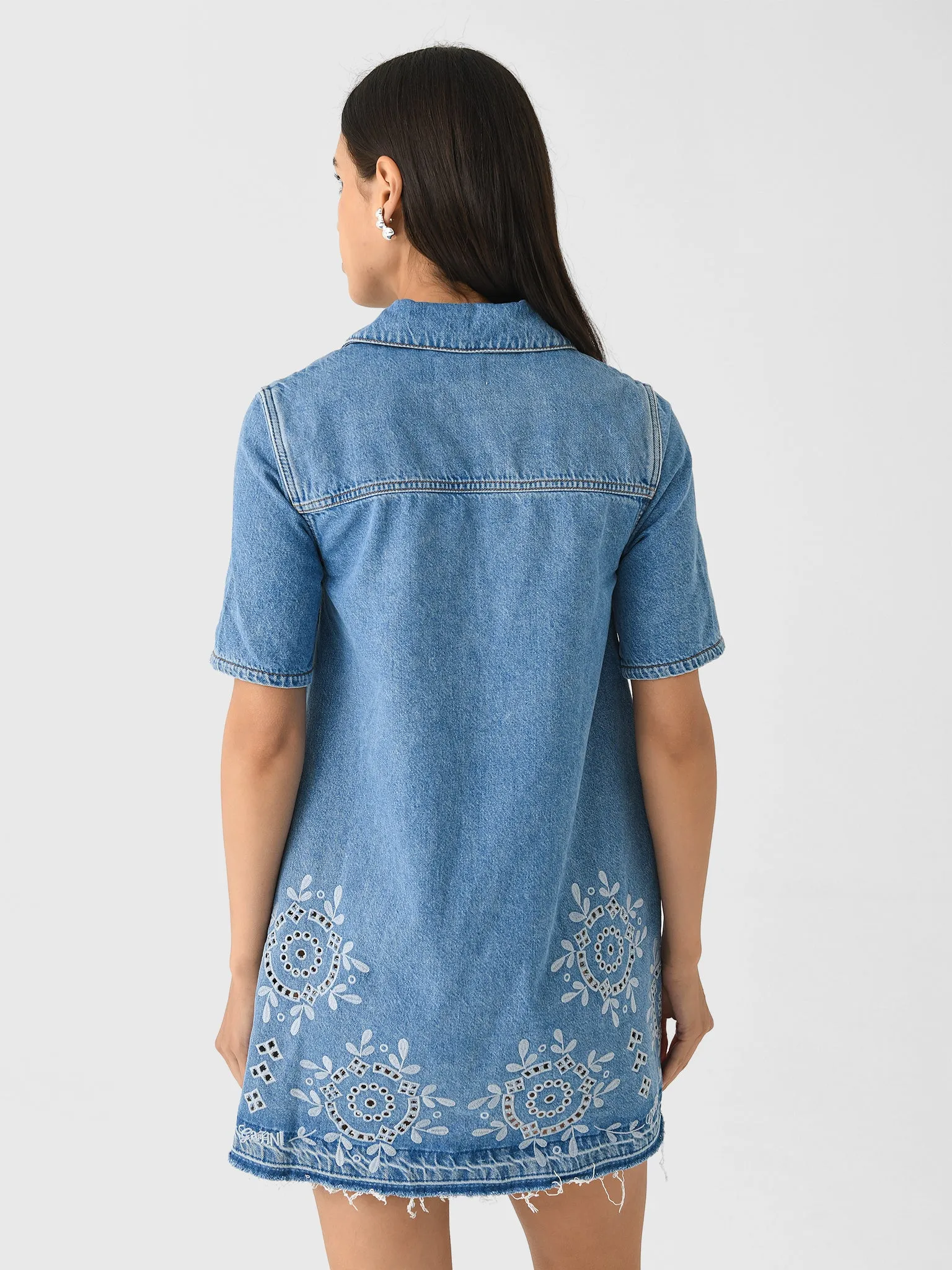 GANNI Women's Broderie Anglaise Denim Mini Dress sold by Saint Bernard product image thumbnail 4