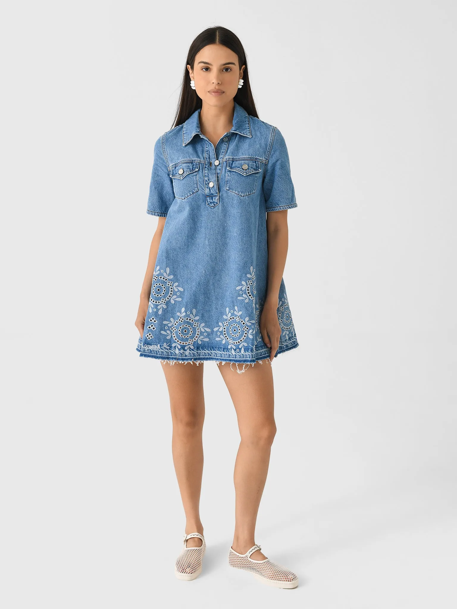 GANNI Women's Broderie Anglaise Denim Mini Dress sold by Saint Bernard product image thumbnail 2