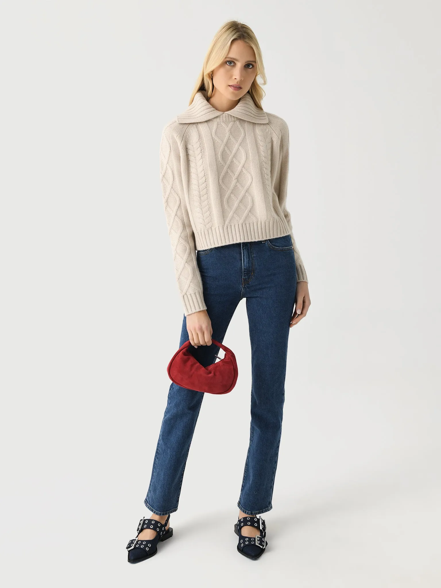 White + Warren Women's Cashmere Luxe Cable Collar Crewneck sold by Saint Bernard product image thumbnail 2