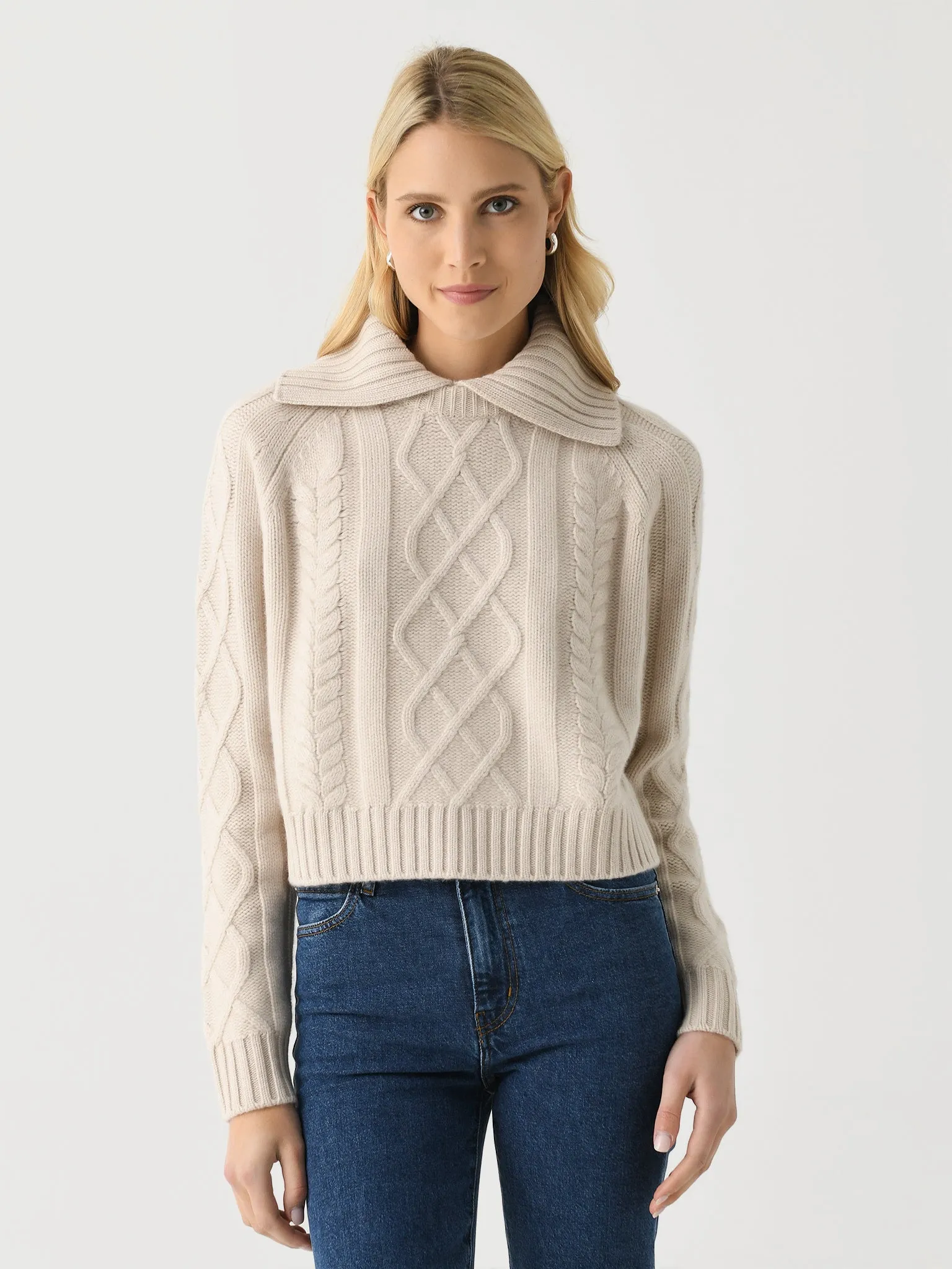 White + Warren Women's Cashmere Luxe Cable Collar Crewneck sold by Saint Bernard