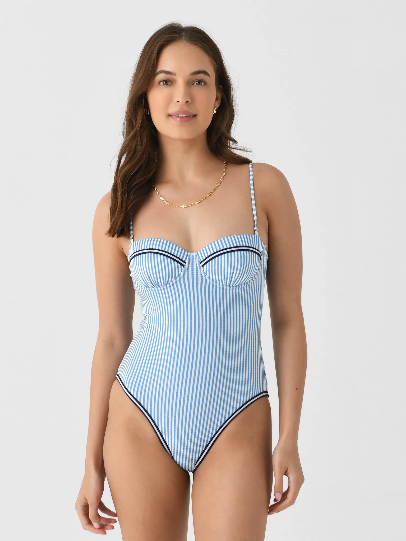 Solid + Striped Women's Alma Seersucker One-Piece Swimsuit sold by Saint Bernard