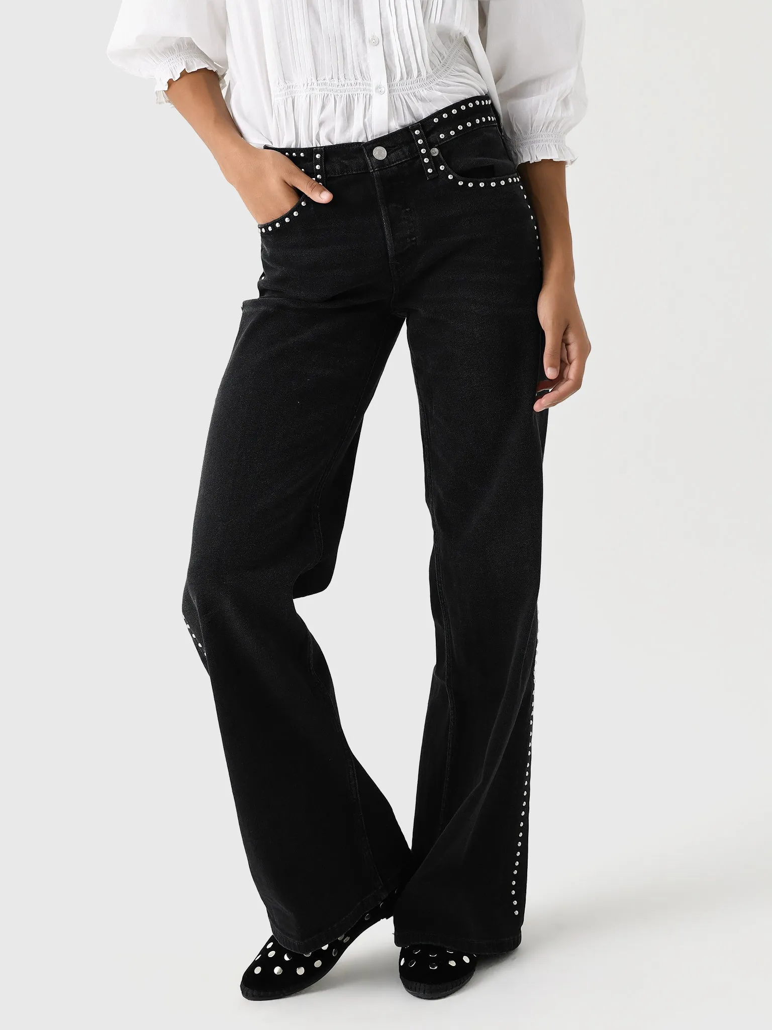 Re/Done Women's Studded Mid Rise Wide Leg Jean sold by Saint Bernard