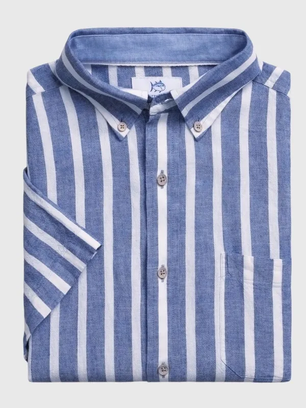 Southern Tide Men's Seamark Stripe Linen-Rayon Short Sleeve Sport Shirt made by Southern Tide