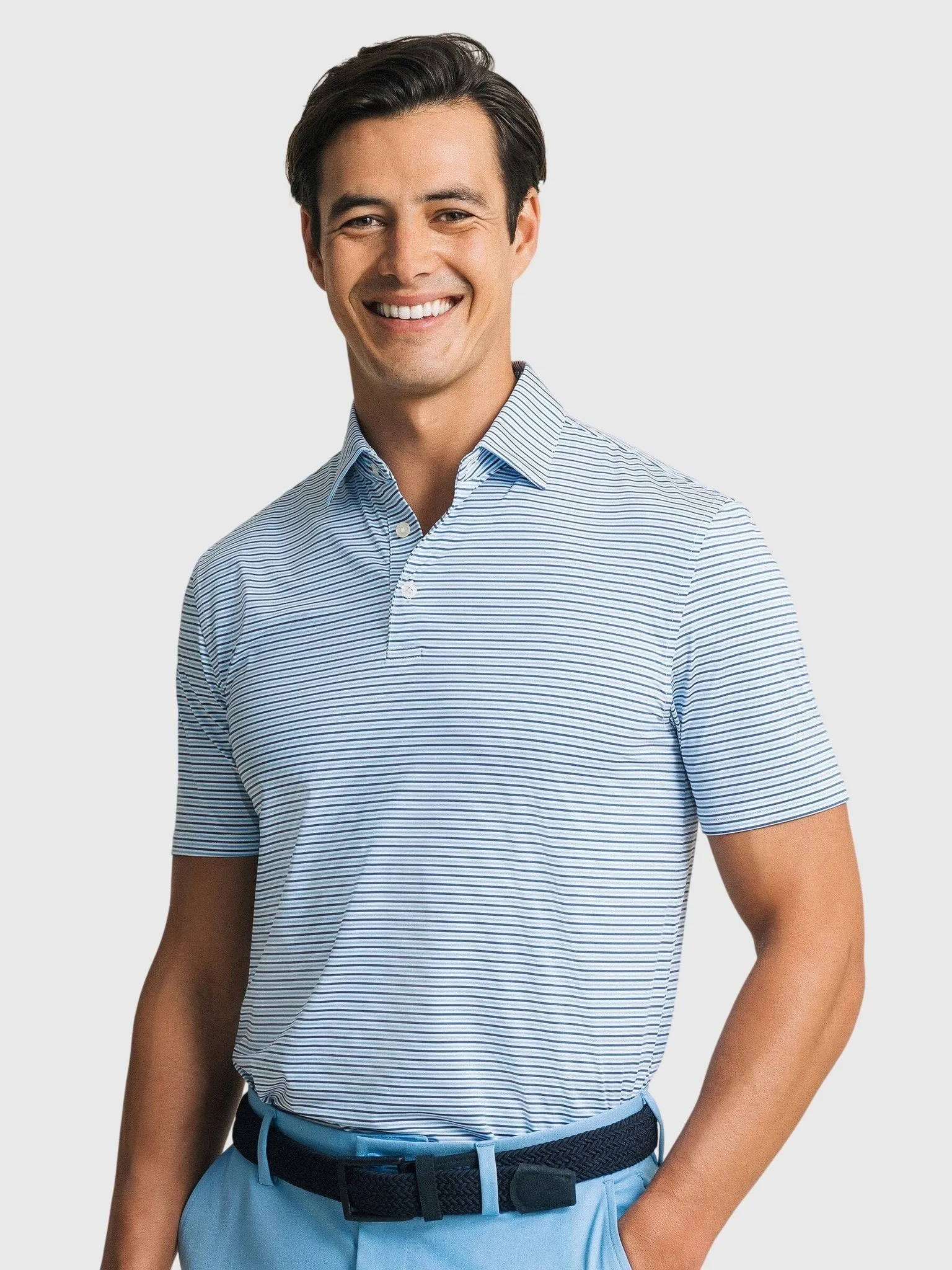 Southern Tide Men's Pelican Landing Stripe Coastal Breeze Performance Polo sold by Saint Bernard