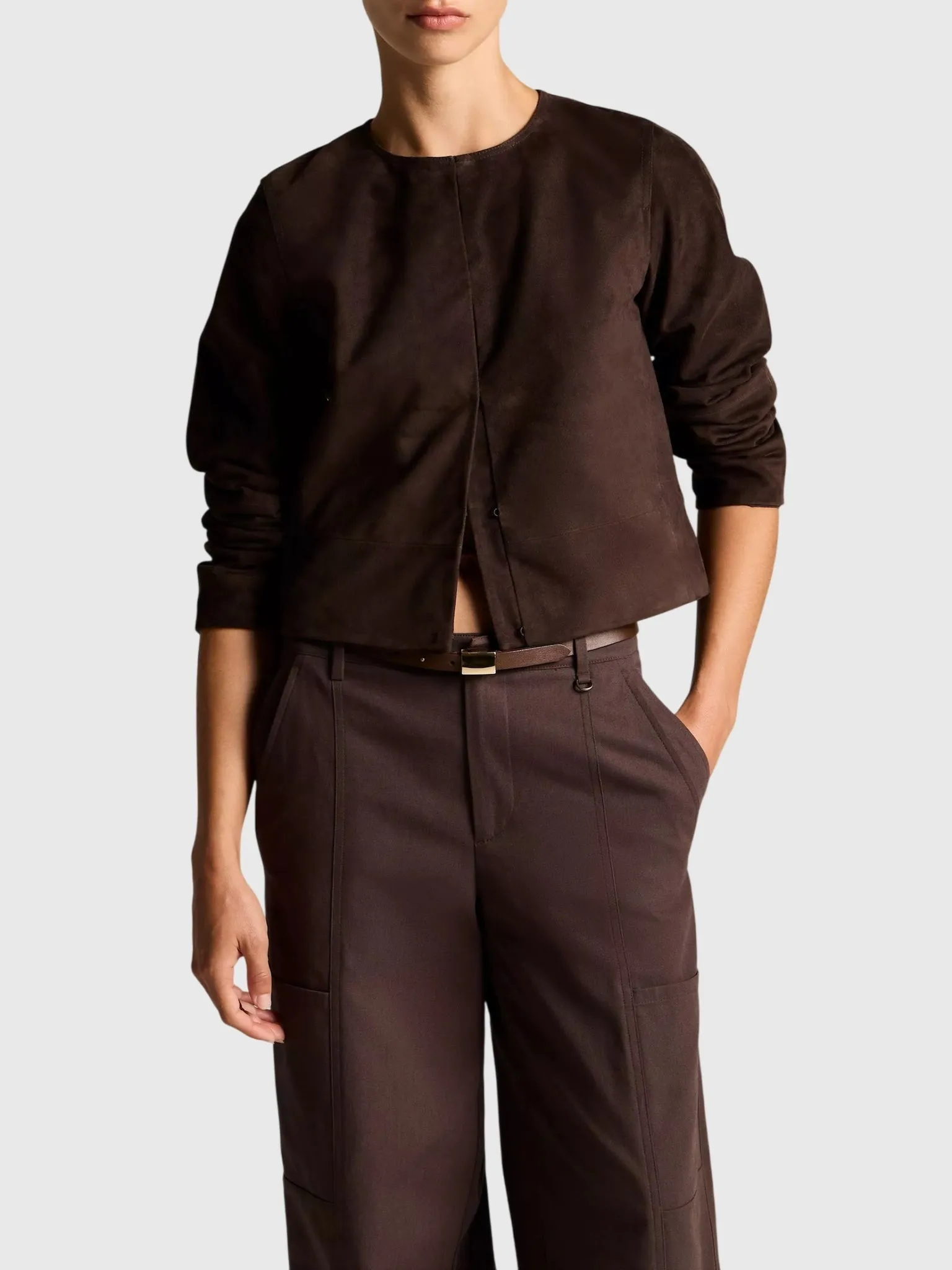 Vince Women's Collarless Cropped Suede Jacket sold by Saint Bernard