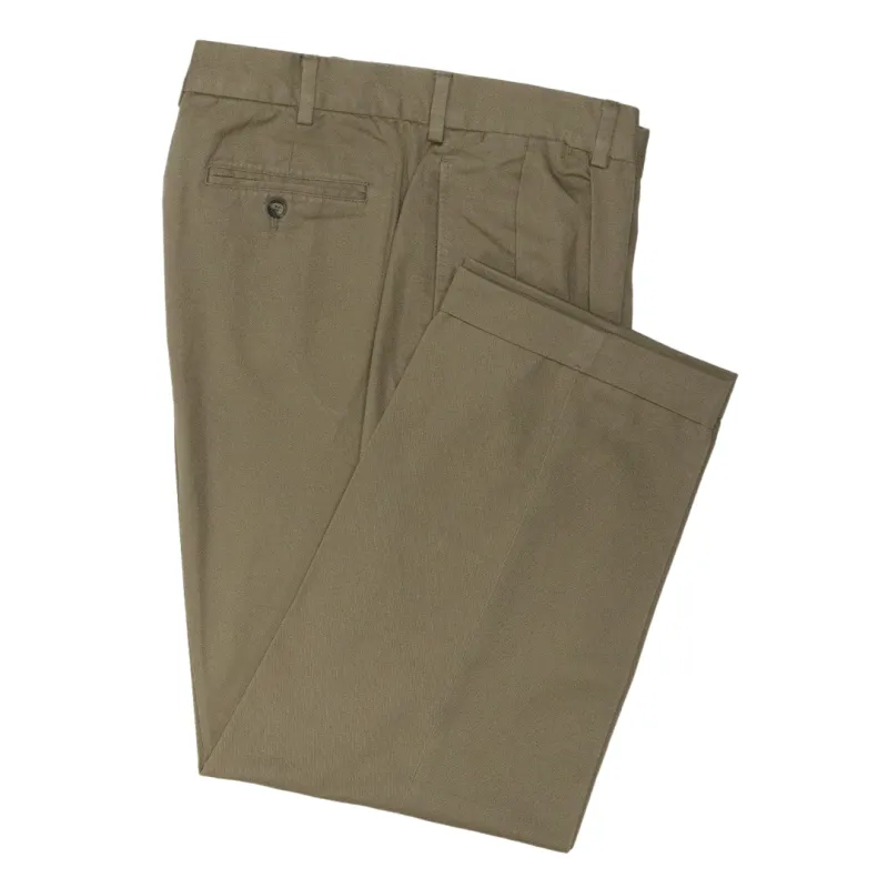 Olive Pleated Combed Cotton Pants - Classic Fit sold by Morris and King