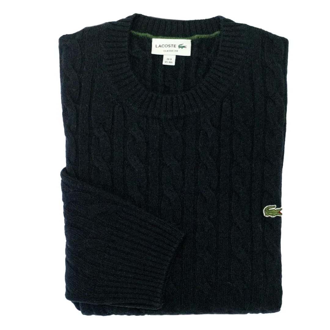 Navy Cable Knit Wool Crew Neck Sweater sold by Morris and King
