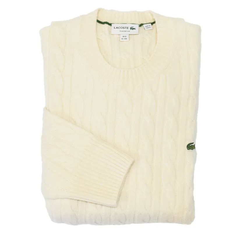 Cream Cable Knit Wool Crew Neck Sweater made by Lacoste