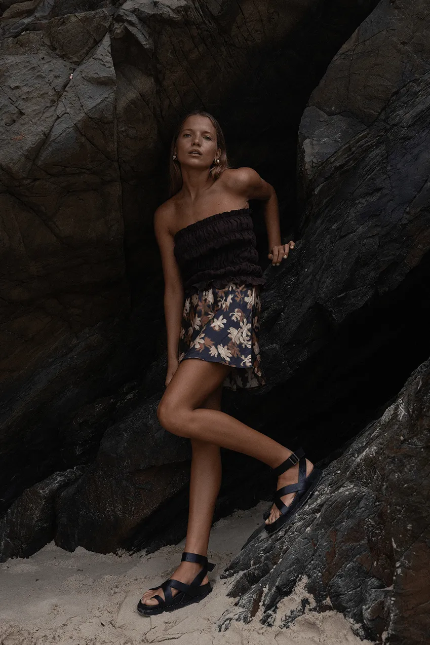 The Elka Mini Skirt | Choc Creme Floral sold by The Bali Tailor