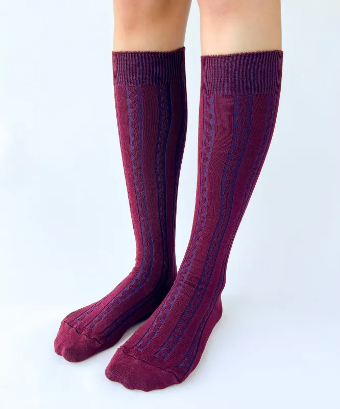 Cable Cotton Knee Highs | Burgundy Blue sold by OKAYOK