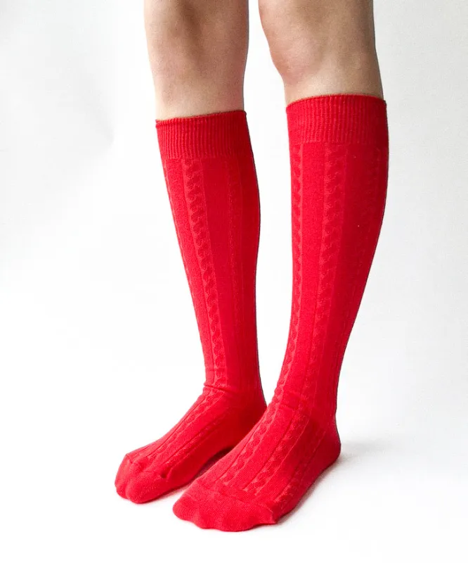 Cable Cotton Knee Highs | Red sold by OKAYOK