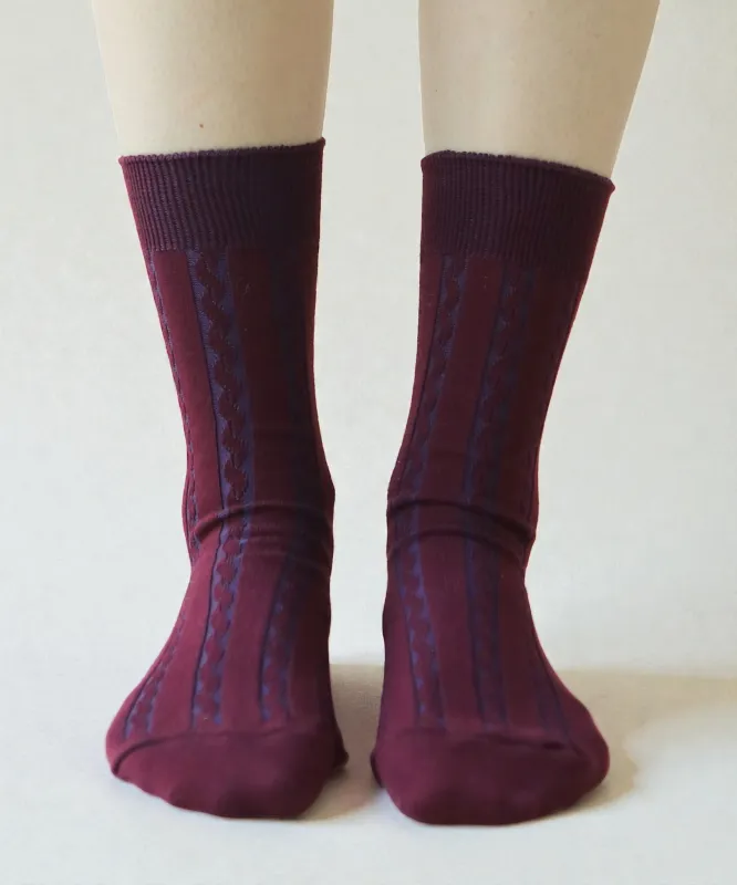 Cable Cotton Dress Socks | Burgundy Blue made by OKAYOK