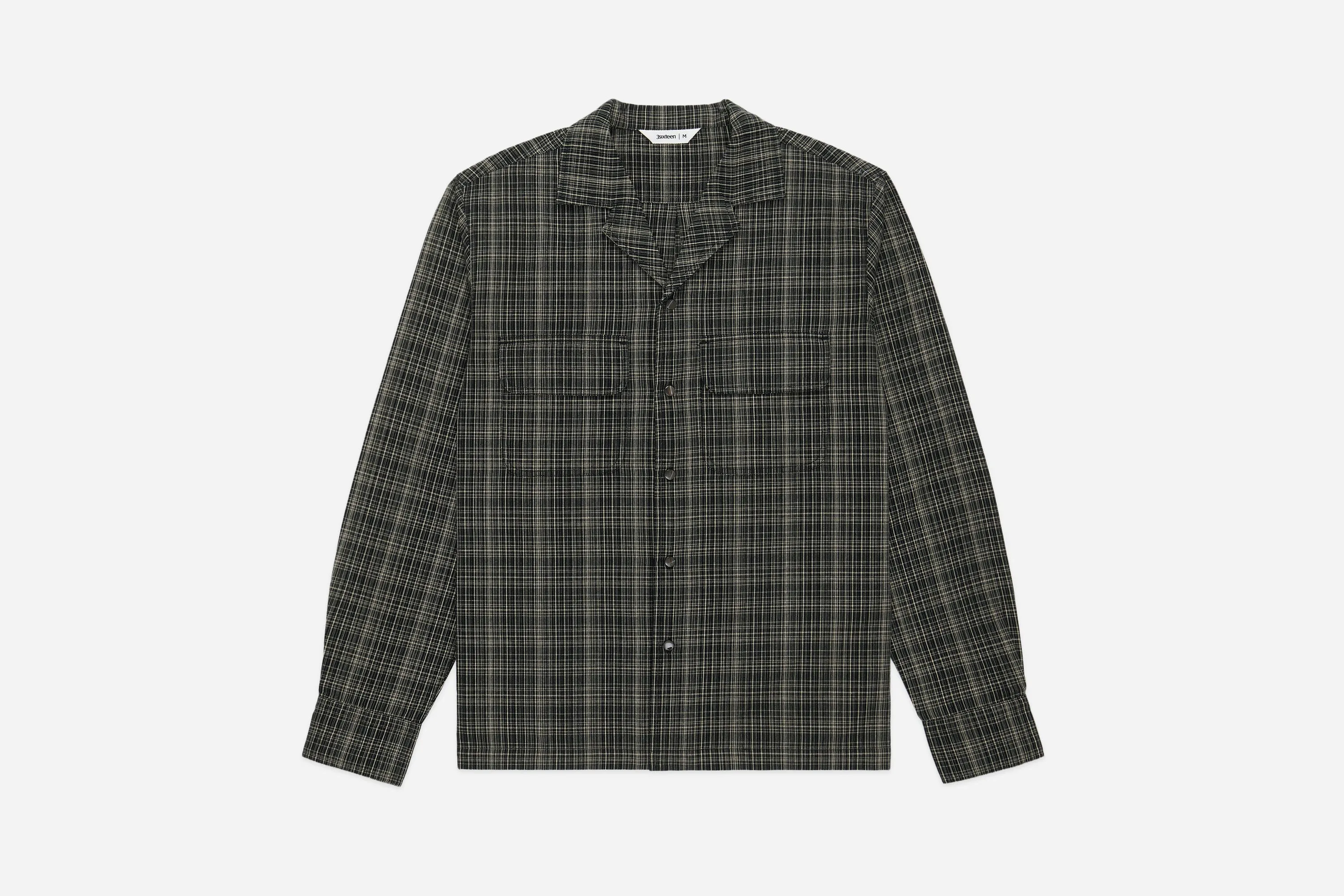 Open Collar Shirt ~ Black Micro Plaid sold by 3sixteen