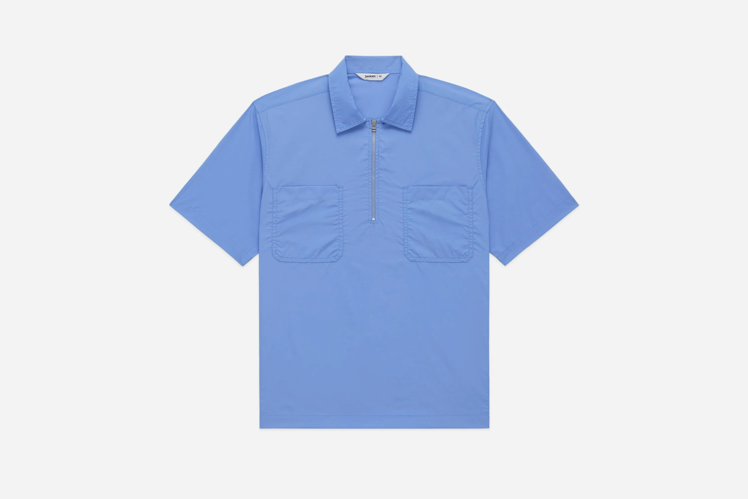 Short Sleeve Zip Shirt ~ Powder Blue Nylon sold by 3sixteen