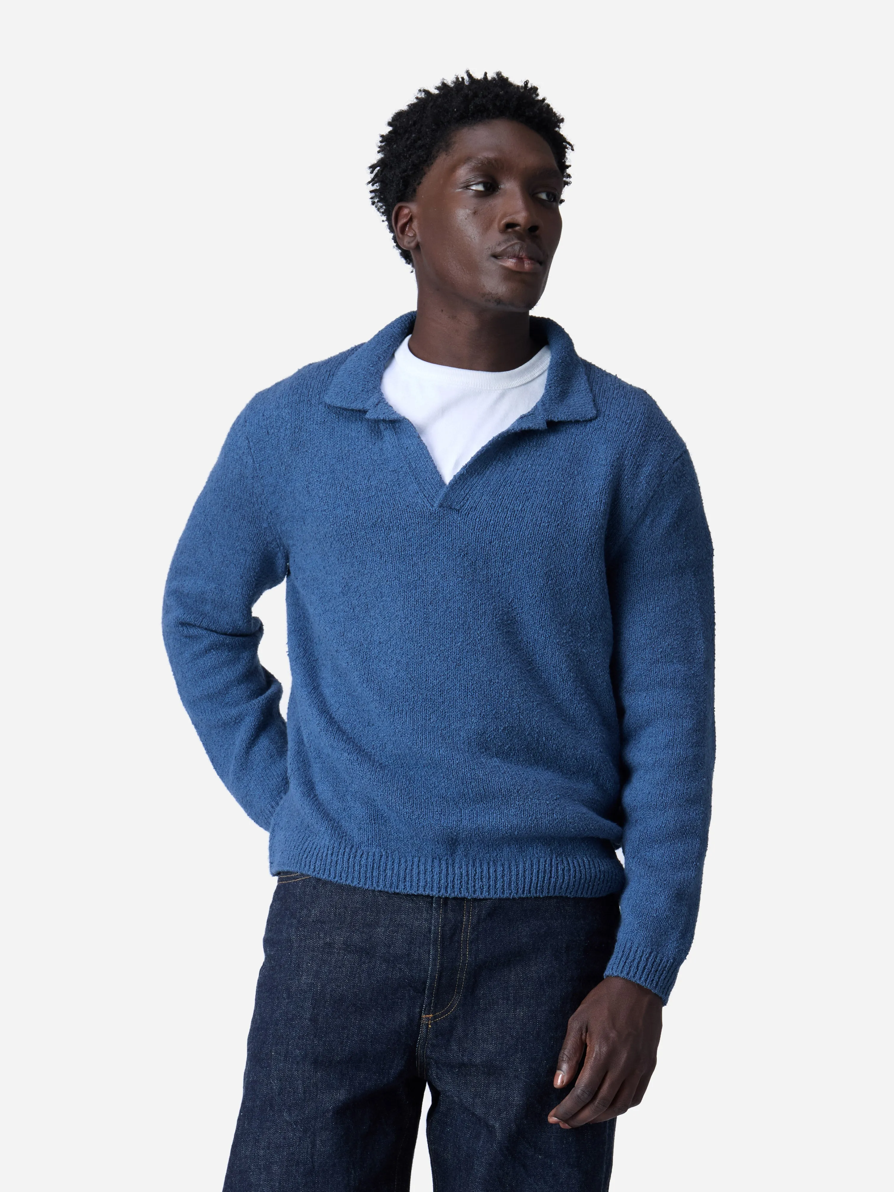 Long Sleeve Knit Polo ~ Lapis Boucle sold by 3sixteen