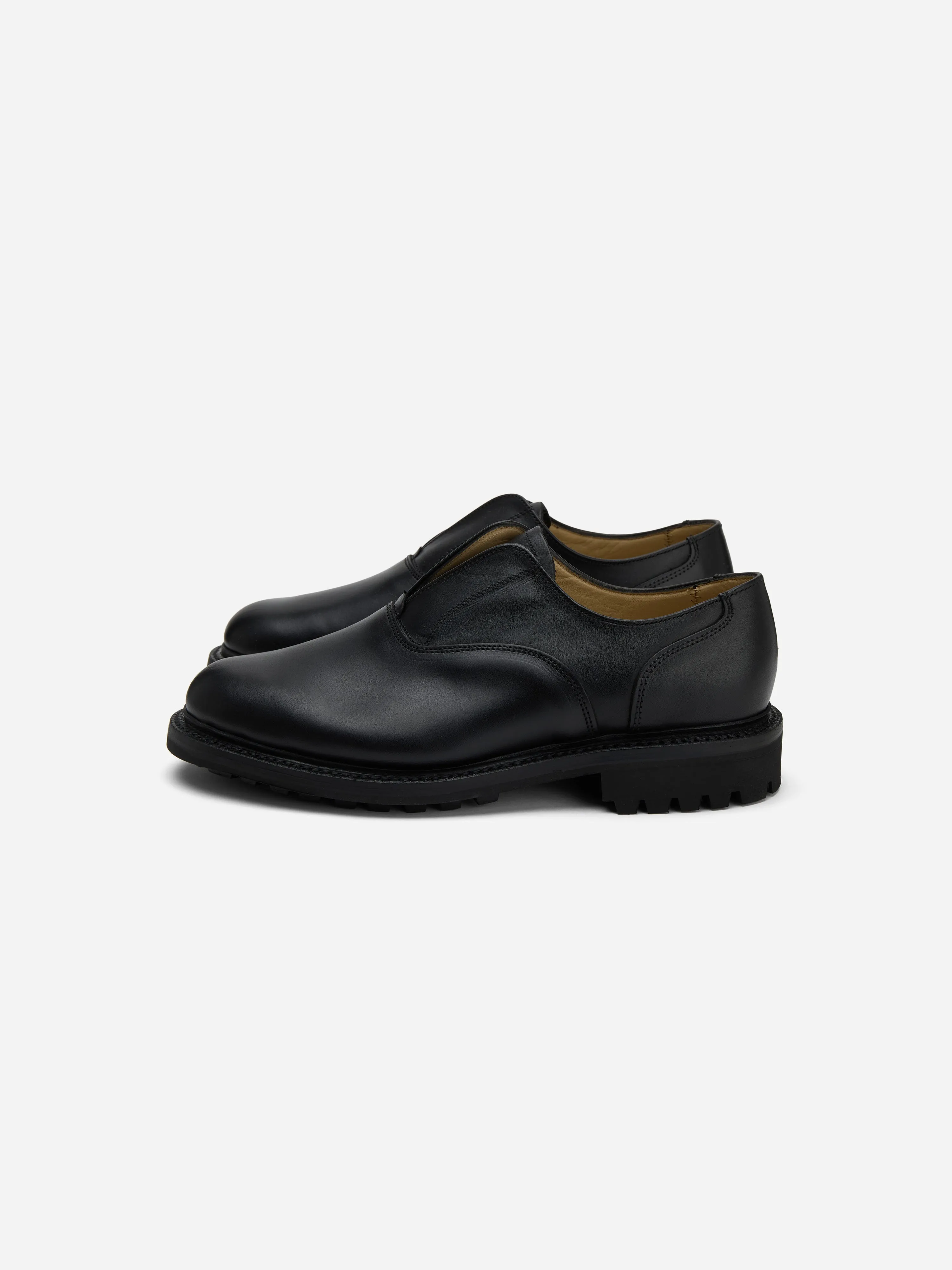 Laceless Oxford ~ Black Waxy Leather sold by 3sixteen
