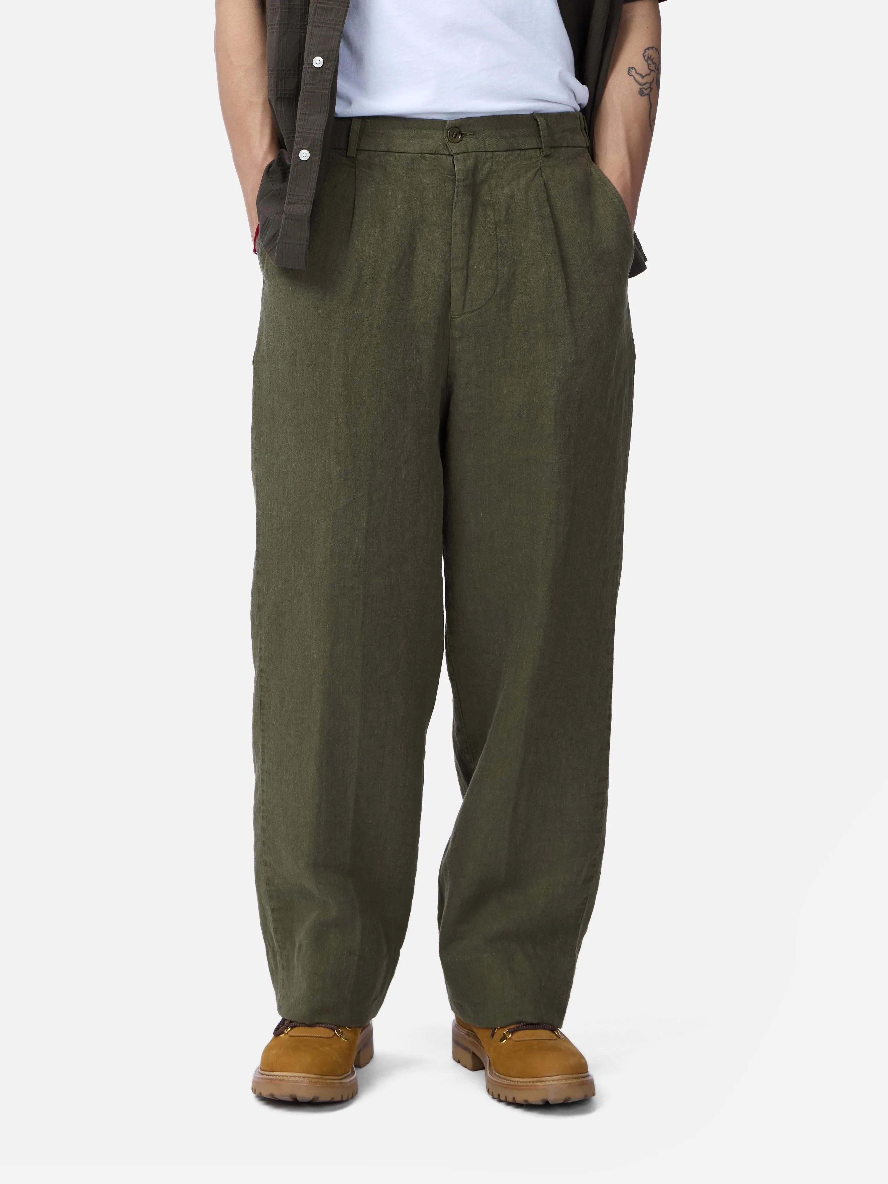 Pleated Trouser ~ Olive Linen sold by 3sixteen