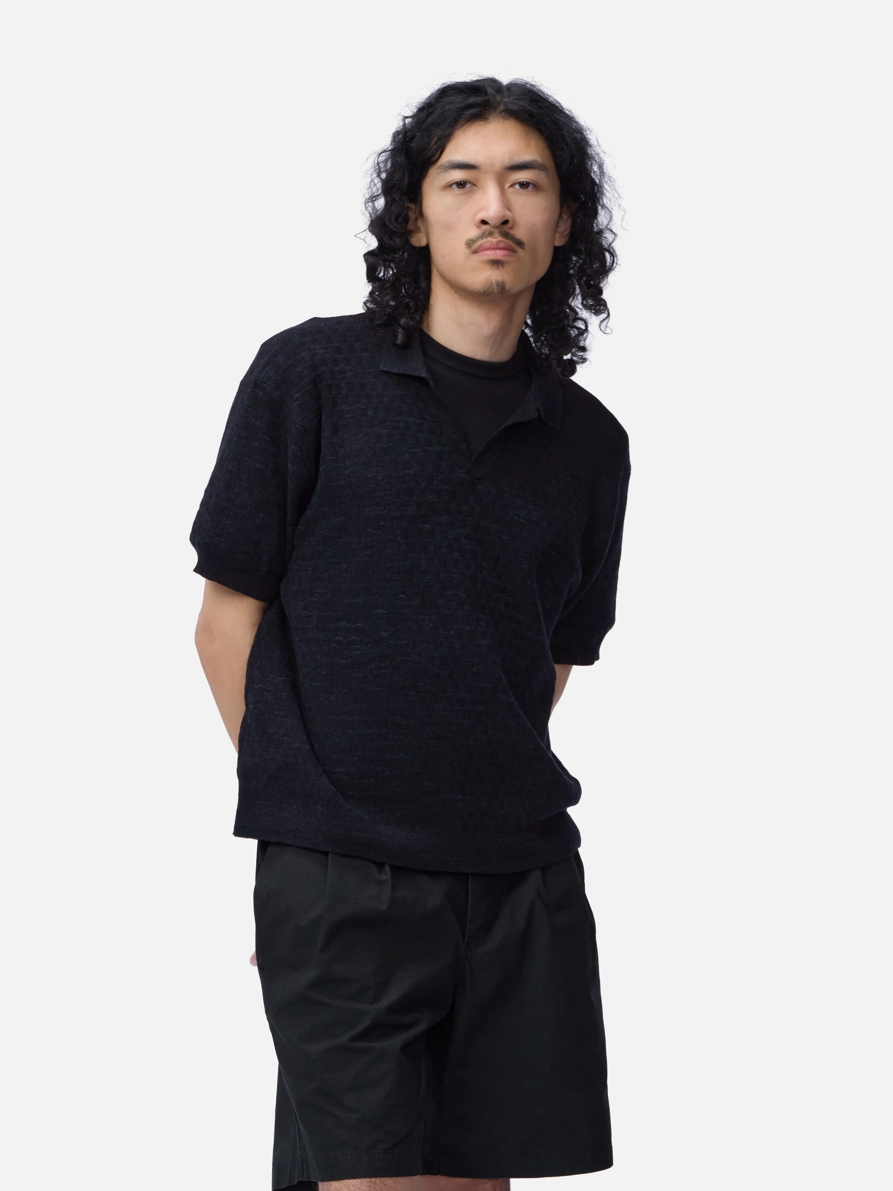 Knit Polo ~ Vintage Black Boxweave sold by 3sixteen
