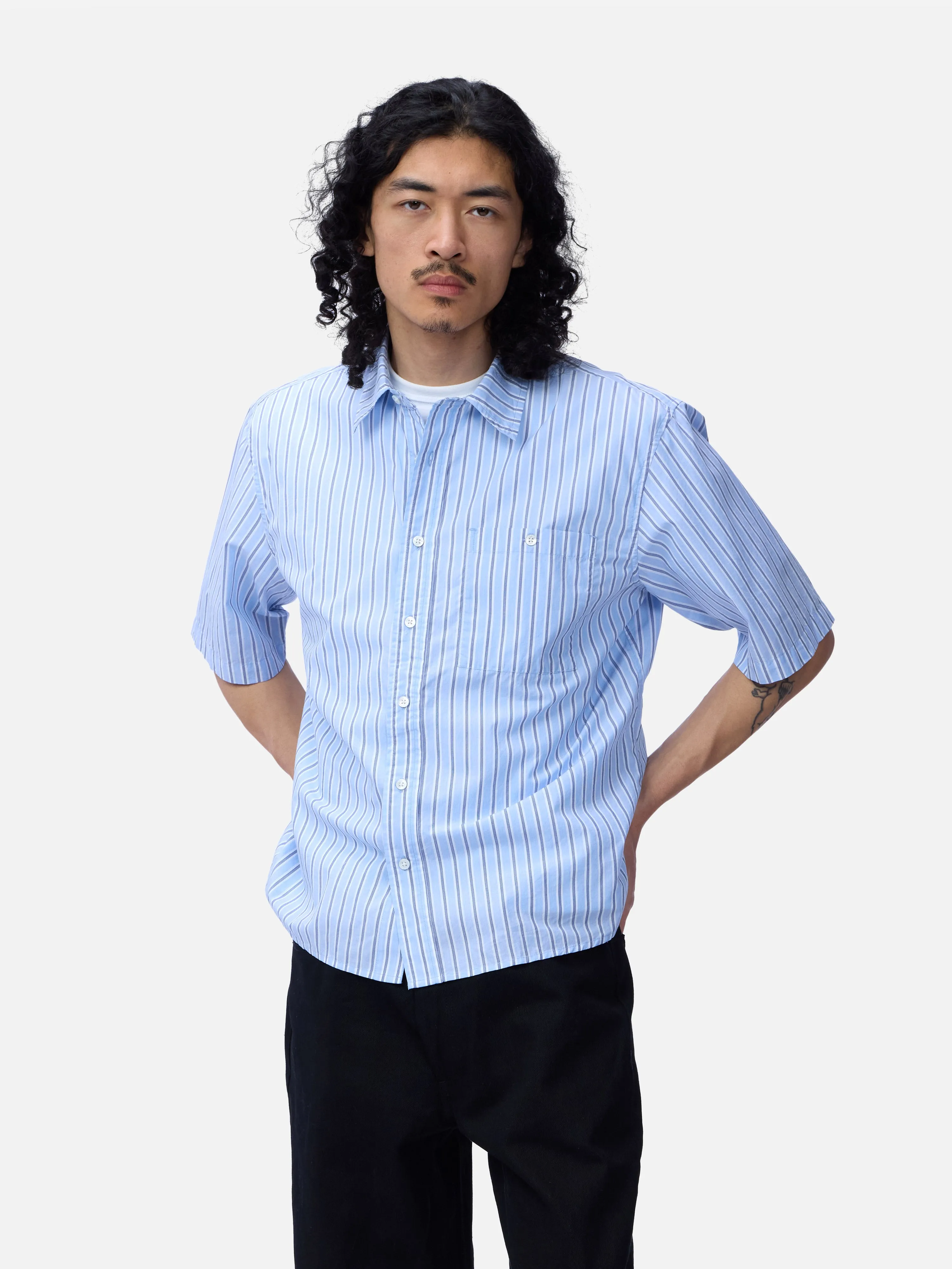 Short Sleeve Commuter Shirt ~ Blue Stripe sold by 3sixteen